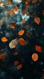 Golden autumn leaves drifting softly through twilight air.