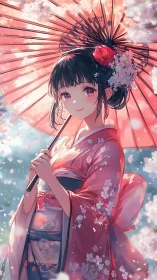 Backlit kimono portrait with parasol and drifting sakura petals