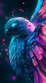 Neon blue and pink parrot close-up in glowing motion.