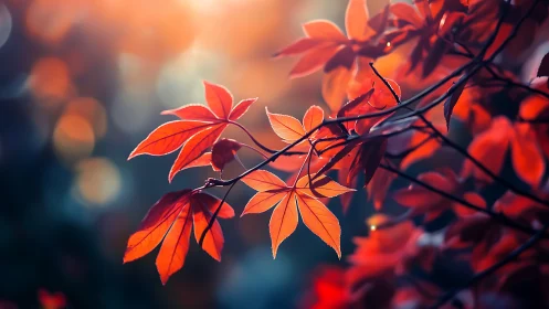 Backlit Japanese maple foliage under shallow-depth optics.