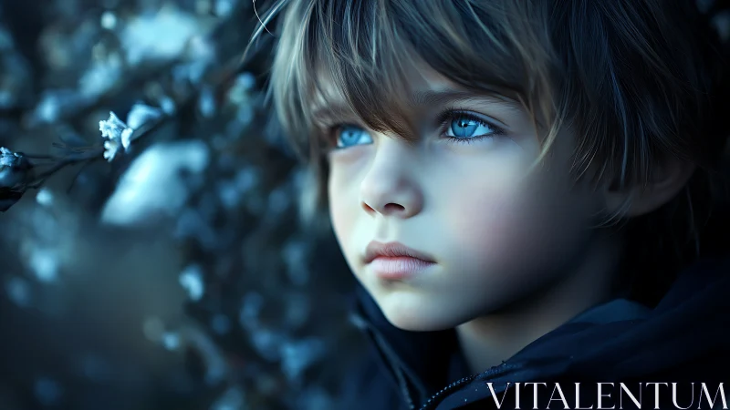 Photorealistic Digital Portrait of Child with Striking Cerulean Eyes and Frost Particles