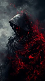 Hooded ember wraith rising from smoke and scarlet ash.