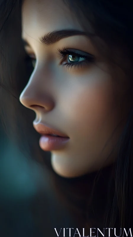 Photorealistic side-profile portrait with cinematic soft-focus rendering.