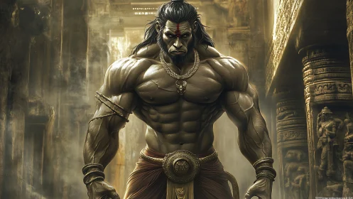 Majestic warrior god stands strong in an ancient golden temple