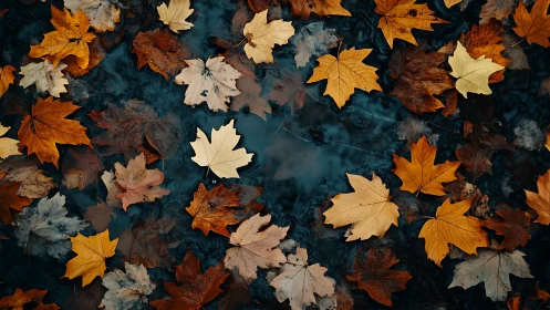 Golden maple leaves drifting over dark autumn water.