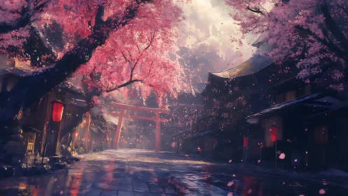 Twilight sakura avenue framing a distant torii gate scene.