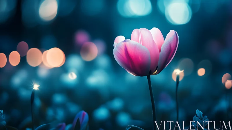 Pink Tulip Against Twilight Bokeh Background.