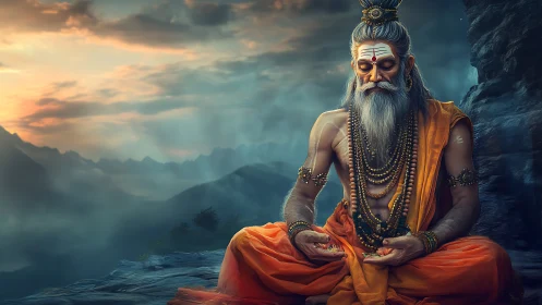 Hindu sage in orange robes meditating on misty mountain plateau.