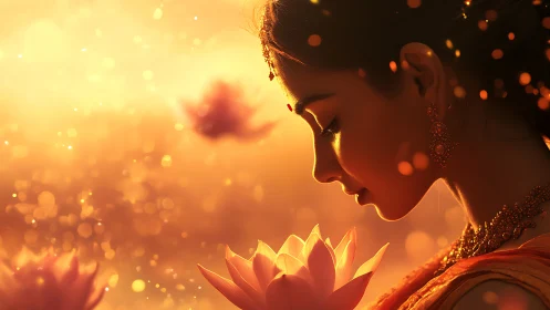 Serene profile of woman with lotus in warm golden light.
