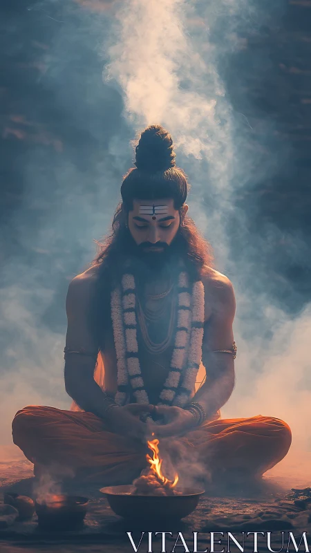 Meditating sage before ritual fire under swirling smoke