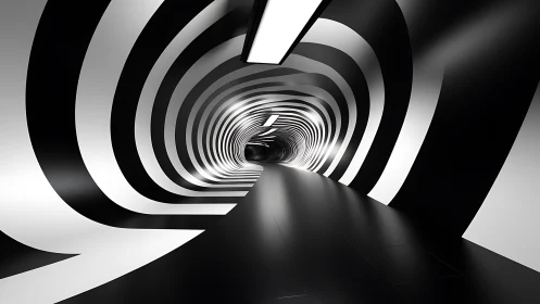 Monochrome striped tunnel interior with curved geometry.