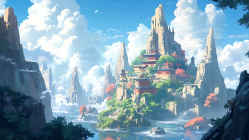 Mountain temple archipelago under radiant blue atmosphere.