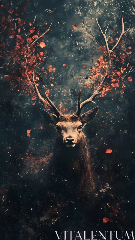 Forest stag quietly wears autumn branches like gentle crowns