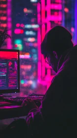 Person types at desktop workstation beside neon city window
