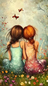 Two Sisters in Bloom: Back View Portrait with Butterflies and Wildflowers