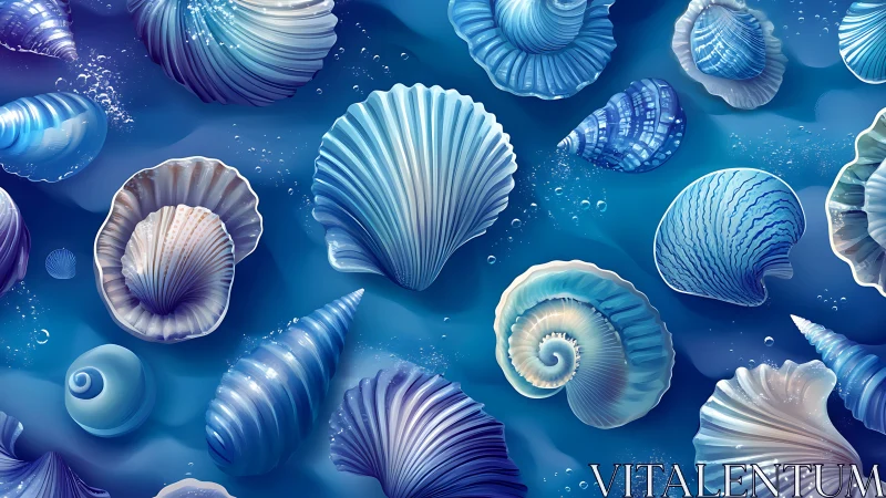 Blue marine seashell pattern with detailed digital textures.