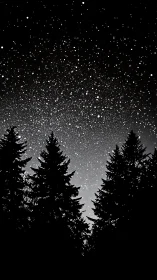 Dense starry night sky above dark evergreen treeline.