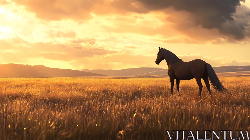 Horse stands in golden field under dramatic sunset sky