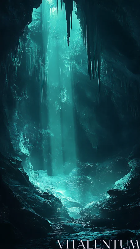 Vertical cavern shaft lit by volumetric teal subsurface glow