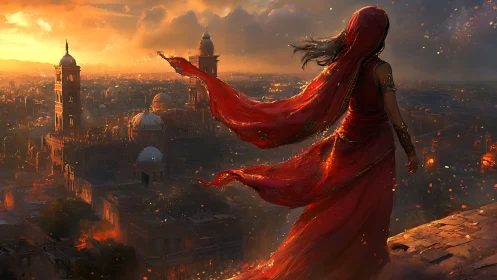 Veiled woman in red overlooks a sunlit ancient city