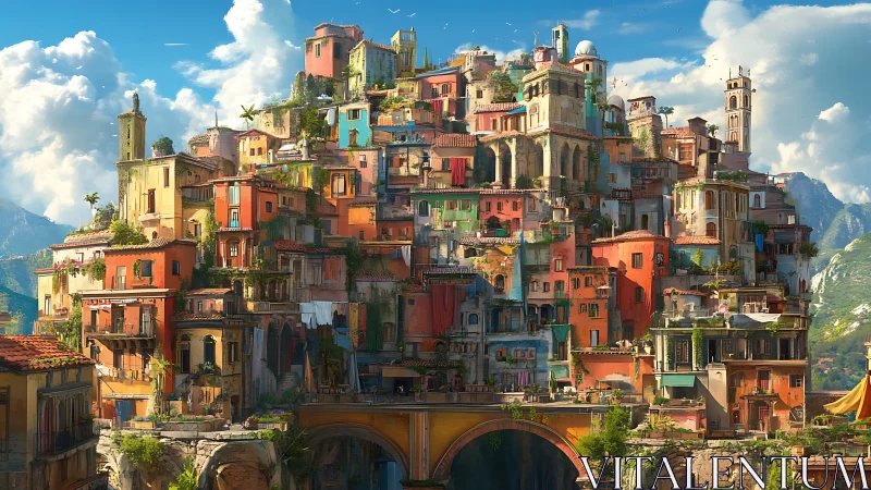 Sunlit hillside city rises in layered, colorful terraces