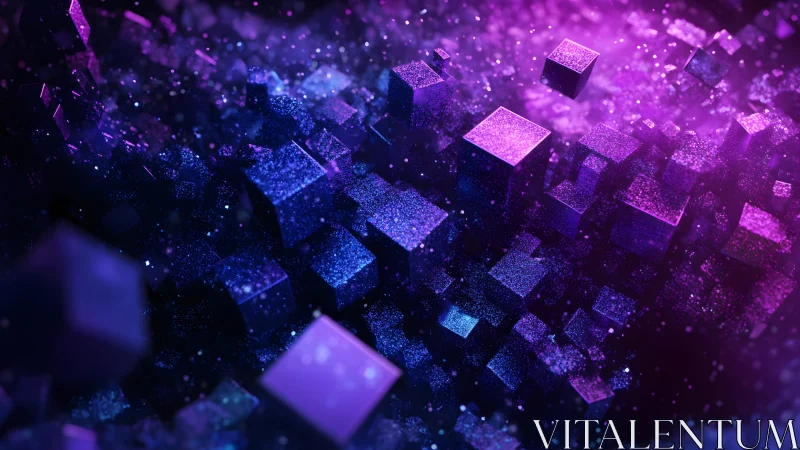 Violet and blue cubic particle field in abstract depth space.