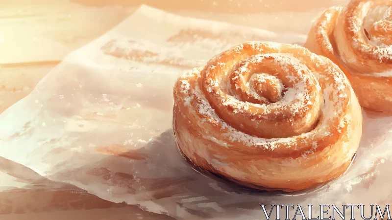 Golden Cinnamon Rolls Dusted with Sweet Powdered Sugar.
