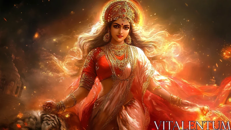 Radiant goddess in flowing firelit robes and gold jewelry.