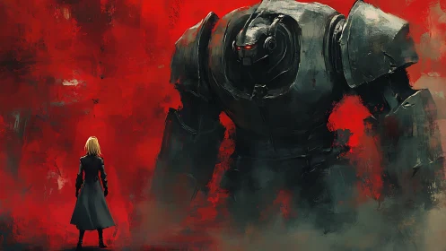 Armored mech confronts lone figure against abstract crimson field
