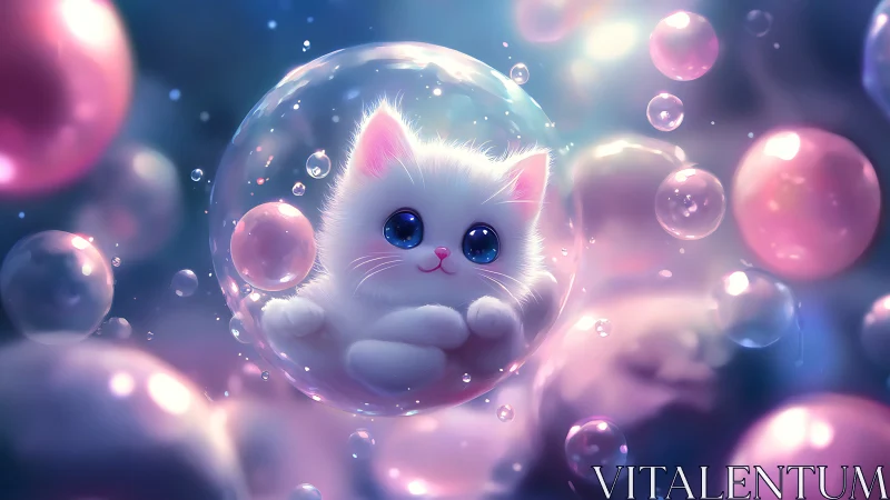 Luminescent White Felid Enclosed Within Transparent Spherical Barrier Surrounded By Iridescent Parti