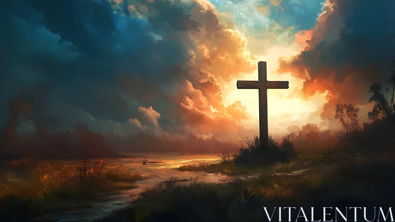 Sunlit wooden cross rises over dramatic stormlit marsh.