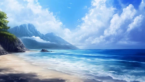 Sunlit coastal bay with towering misty mountains and surf.