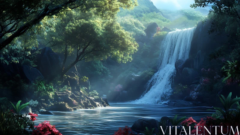 Lush forest waterfall rendered in luminous digital painting detail