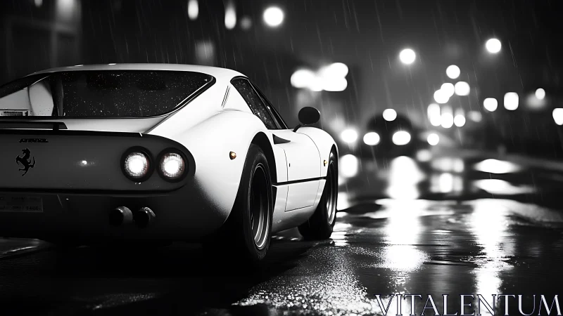Rear view of classic sports car on wet city street at night.