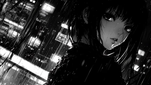 Monochrome anime portrait shows figure in rain at night