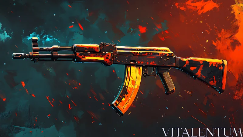 Digitally rendered assault rifle on abstract split background.