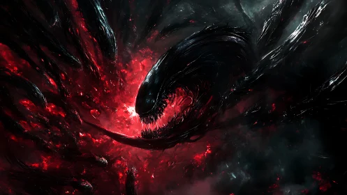 Xenomorphic void predator in eruptive crimson singularity.
