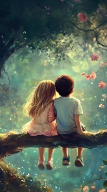Two Children Sitting on a Log in a Glowing Enchanted Forest Garden