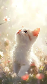 White kitten gazes toward glowing spring blossoms in field