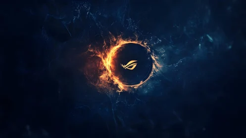 Futuristic ROG Logo in Fiery Ring on Dark Abstract Background.