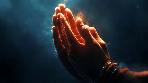 Cinematic digital painting of praying hands in rim light.
