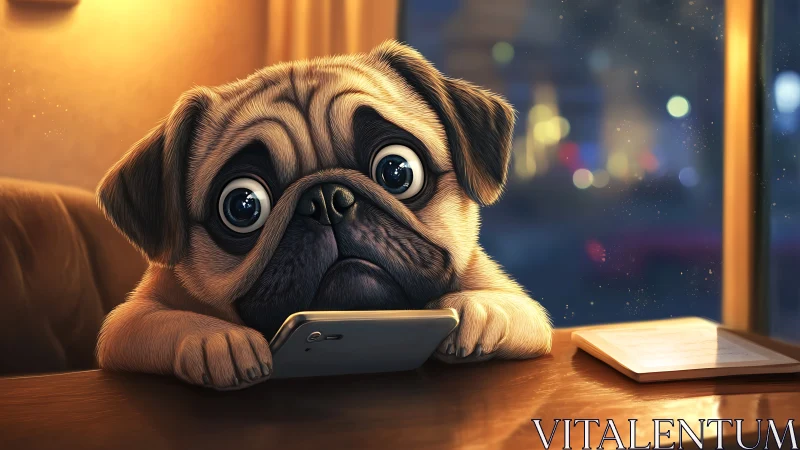 Pug with soulful eyes gazing at smartphone on desk.