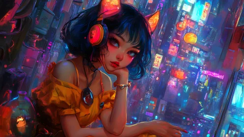 Cyberpunk cat girl broods over neon city in glowing night