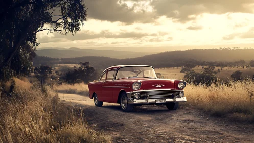 Classic red car glows on a dusty country road at sunset