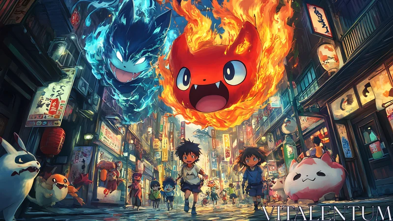 Children run under fiery and icy spirits in neon city street