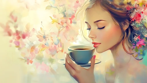 Soft-focus digital portrait unites feminine profile and floral steam