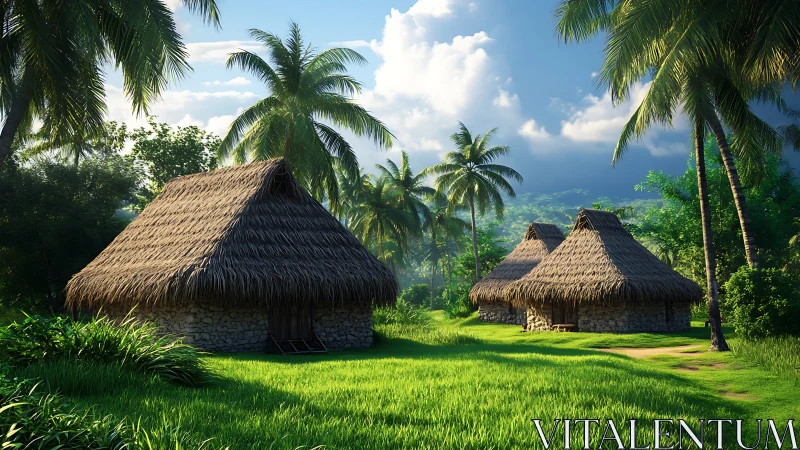 Vernacular architectural cluster with thatch-roof conical dwellings in tropical landscape