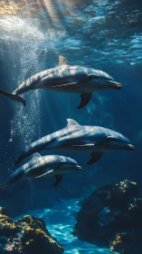 Three dolphins move underwater through refracted sunlight
