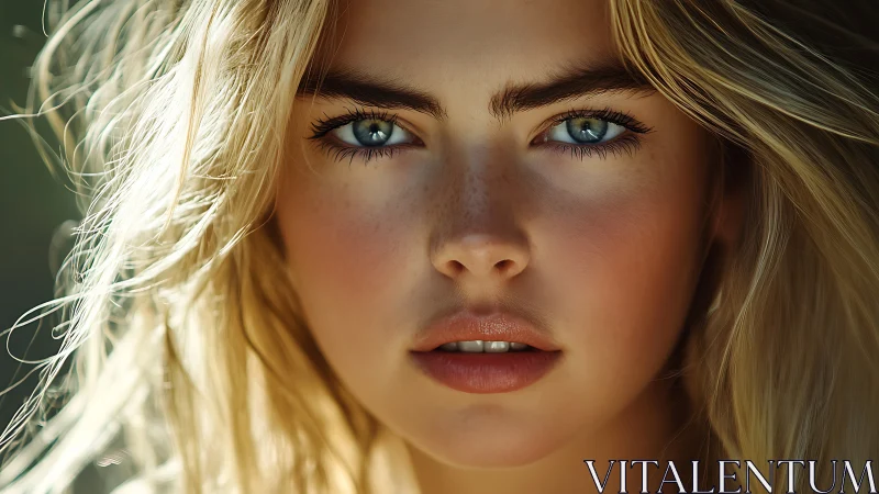 Sunlit blue-eyed gaze framed by soft golden hair.