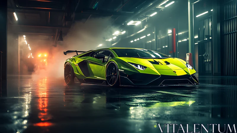 Neon green supercar waits in a moody, mist filled garage